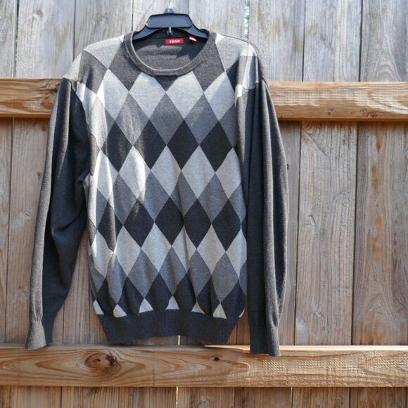 Izod Men's Argyle Sweater Cotton Pullover Knit Gray Long Sleeve Crewneck Size XL - Picture 1 of 8